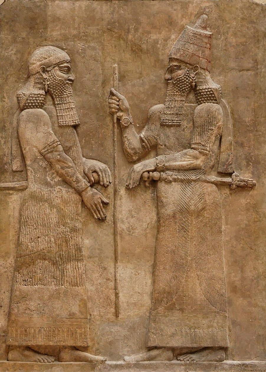 Sargon II og dignitær, relieff fra kong Sargons palass i Khorsabad, ca. 716-713 f.Kr. av Assyrian