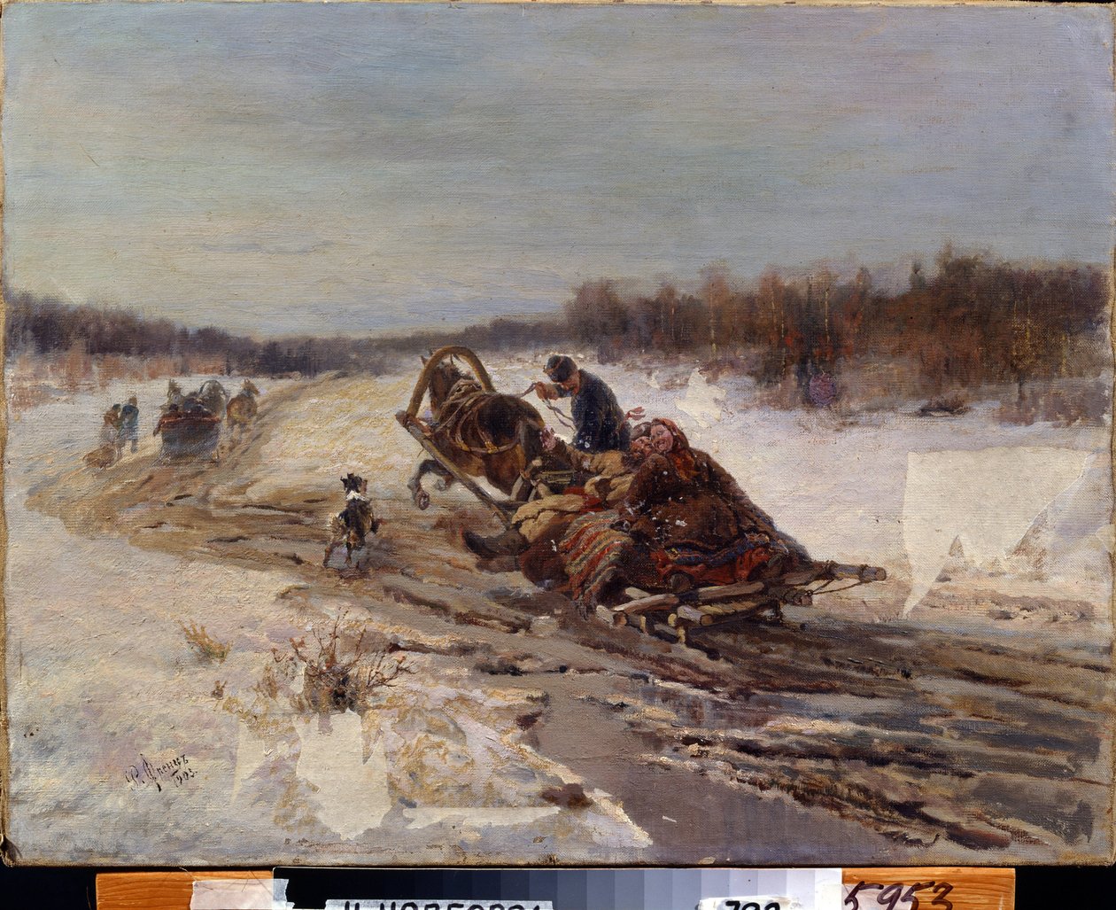 Fettdager (fastelavn). En mann og en kvinne synger og smiler i en slede. De feirer perioden før fastestart hvor fett spises. Maleri av Rudolf Ferdinandovich Frenz (1831-1918), olje på lerret av Rudolph Frenz