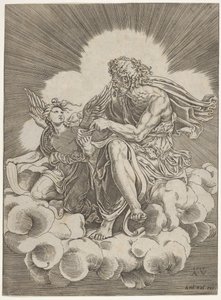 St. Matteus, sittende på en sky og dyppe en fjærpenn i et blekkhus holdt av en engel..., ca. 1518-20. av Agostino Veneziano