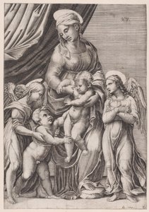 Jomfruen, spedbarnet Kristus, spedbarnet Saint John og to engler, datert 1516. av Agostino Veneziano
