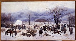 Russisk-tyrkisk (russisk-tyrkisk) krig (1877-1878): Det fjerde slaget ved Shipka-passet i Bulgaria fra 5. til 9. januar 1878 (Det fjerde slaget ved Shipka-passet). Maleri av Alexei Danilovich Kivshenko (1851-1895)