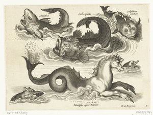 Fantastiske vannlevende dyr, inkludert sjøhest Libelivs diverse Genera piscium complectens (serietittel) Ferskvannsfisk, marin fisk, frosker, krepsdyr og sjødyr (serietittel) av Anonymous