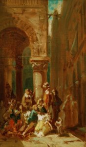 Reisende mennesker: skuespillere på Loggia dei Lanzi i Flo av Carl Spitzweg