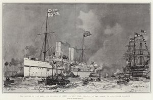 Hertugen og hertuginnens retur av Cornwall og York, Ankomst av Ophir i Portsmouth havn av Charles Edward Dixon