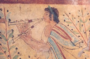Etruskisk kunst: en fløytespiller. Detalj av en freskomaleri ved Leopardenes grav, i nekropolisen de Monterozzi, Italia, beg av 500-tallet f.Kr. (fresco)