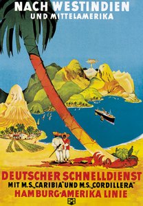 Plakat som annonserer Hamburg-Amerika Linie-ruter til Vestindia og Mellom-Amerika av German School