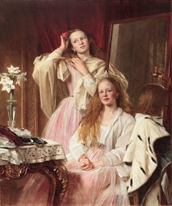 Portrett av Emma og Frederica Bankes fra Soughton Hall ved toalettbordet deres, 1869