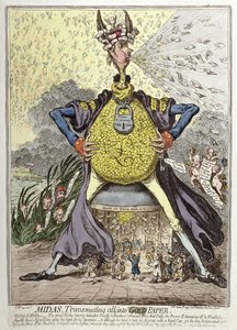 Midas Transmuting all into Gold Paper, utgitt av Hannah Humphrey i 1797 (håndfarget etsning)
