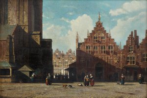 En solbelyst utsikt over Grote Markt med St. Bavo-kirken og Vleeshal, Haarlem (olje på panel)