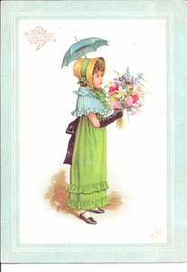 Et viktoriansk gratulasjonskort av barn i fancy kostyme som danser, ca. 1880