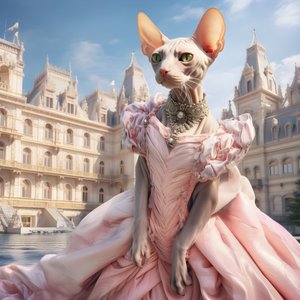 Sphynx-katt i ballkjole på bakgrunn av et praktfullt palass i middelalderstil 2