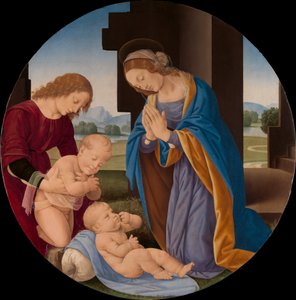 Madonna tilbeder barnet med spedbarnet Døperen Johannes og en engel, ca. 1492 (tempera på tre)
