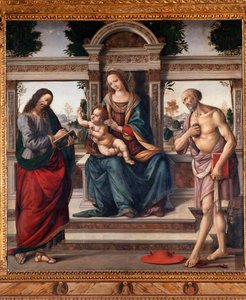 Jomfru med barn og to helgener, den hellige Matteus og den hellige Hieronymus Maleri av Lorenzo di Credi (1459-1537) Firenze, kirken santo Spirito Italia