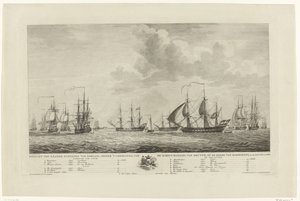 Den nederlandske krigsflåten utenfor Rammekens, 1782-1783 Utsikt over de nasjonale krigsskipene, under kommando av kontreadmiralen, van Kruyne, på veien til Rammekens, i den Jaare 1782 og 1783 (tittel på objekt) av Mathias de Sallieth