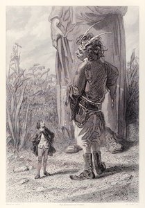 Gulliver møter Queens 30 fot høye dverg som er glad for å ha noen i retten som er mindre enn ham å plage, fra den franske utgaven av Gullivers Travels av Jonathan Swift av Paul Gavarni