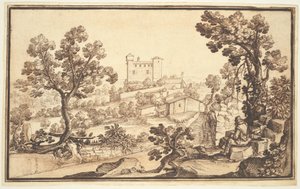 Landskap med en mann som hviler, gårdshus og et slott