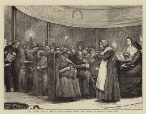 Our London Poor, en te til syv hundre luffere og tiggere i Moorgate Street Hall av Robert Walker Macbeth