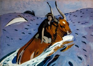 Bortføringen av Europa. Den vakre fønikiske prinsessen er på ryggen til Zevs, forvandlet til en okse, som tar henne med ut i havet, omgitt av delfiner. Maleri av Valentin Alexandrovich Serov (1865-1911), olje på lerret