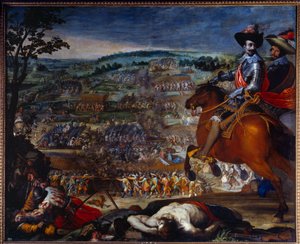 Tretti års krig: 1618-1648. "Slaget ved Fleurus i 1622." Den motsetter seg de protestantiske troppene til Christian de Brunswick og Ernst von Mansfeld mot den spanske hæren ledet av Gonzalo Fernandez de Cordoba-representant til høyre. Maleri av Vicente Ca