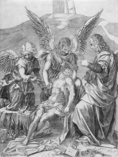 Trupul lui Hristos sprijinit de trei îngeri, 1516. norvegiană av Agostino Veneziano