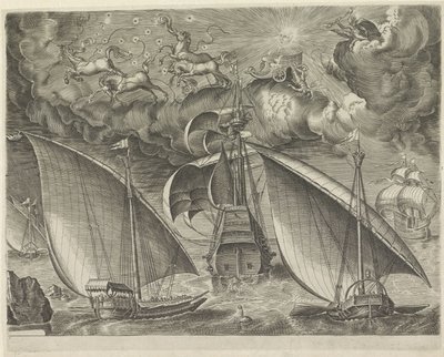 To bysser bak en tremester, på himmelen Phaëthons fall Seilskip (serietittel) av Cornelis Cort (possibly)
