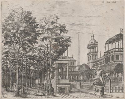 Landskap med trær, to hjort og en palassgårdsplass av Lucas van Doetechum and Johannes