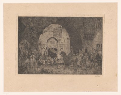 Østlige ryttere og folk ved en port av Marius Bauer (signed by artist)