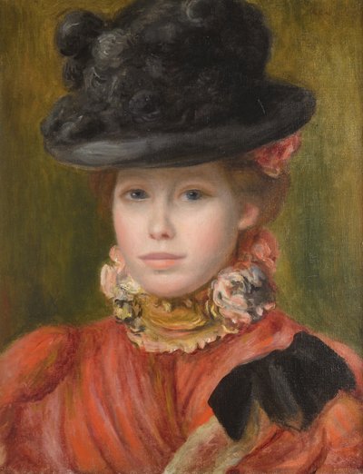 Jente i svart hatt med røde blomster, ca. 1890 av Pierre Auguste Renoir