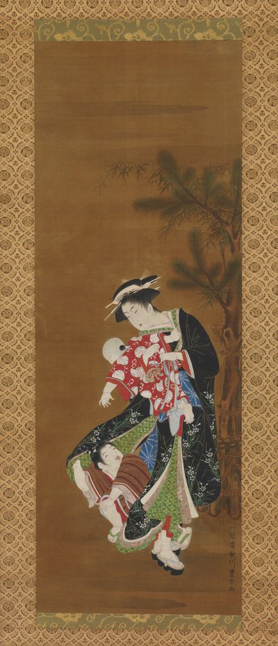 Mor og barn ved det nye året (blekk og farge på silke) av Utagawa Toyoharu