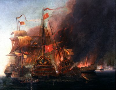 Kamp mellom de osmanske flåtene og de venetianske flåtene utenfor Famagusta under beleiringen av Kypros i 1570 Maleri av den venetianske skolen på 1500-tallet. Istanbul, Sjøfartsmuseet av Venetian School